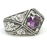 925 Sterling Silver Amethyst Men's Ring - Handcrafted Cross Design