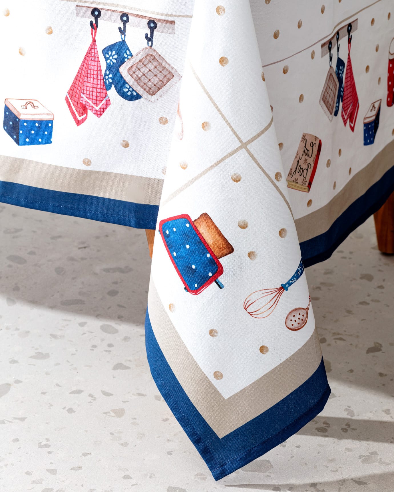 Versatile Polycotton Tablecloth, White & Navy Blue Design