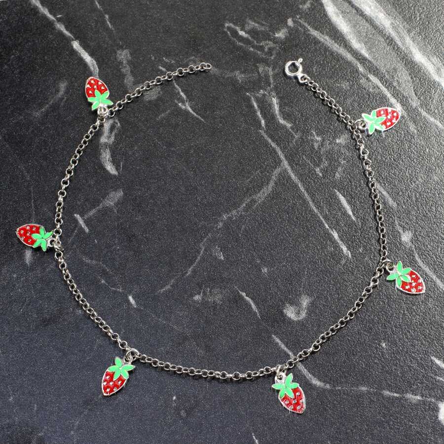 925 Sterling Silver Enamel Strawberry Charm Anklet - Summer Style