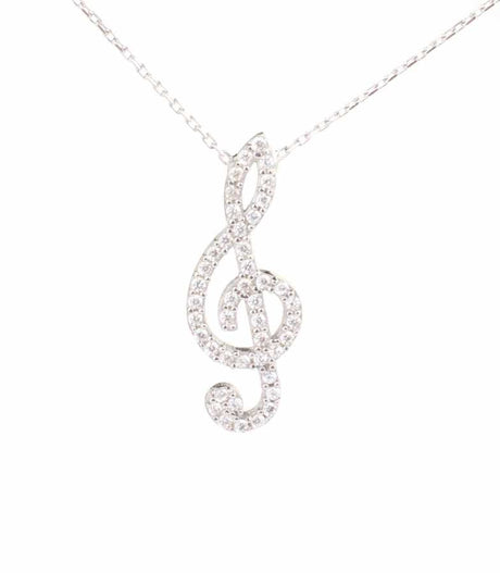 925 Sterling Silver Treble Clef Pendant Necklace with Zircon Stones