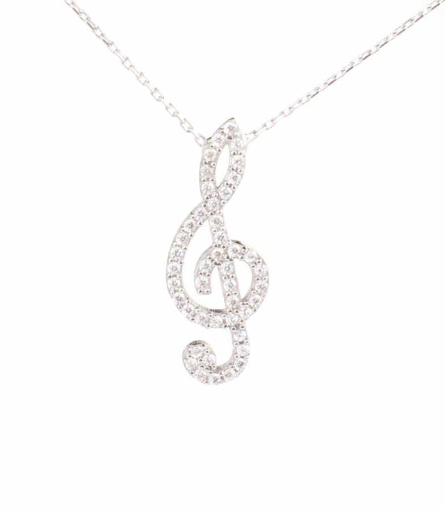 925 Sterling Silver Treble Clef Pendant Necklace with Zircon Stones