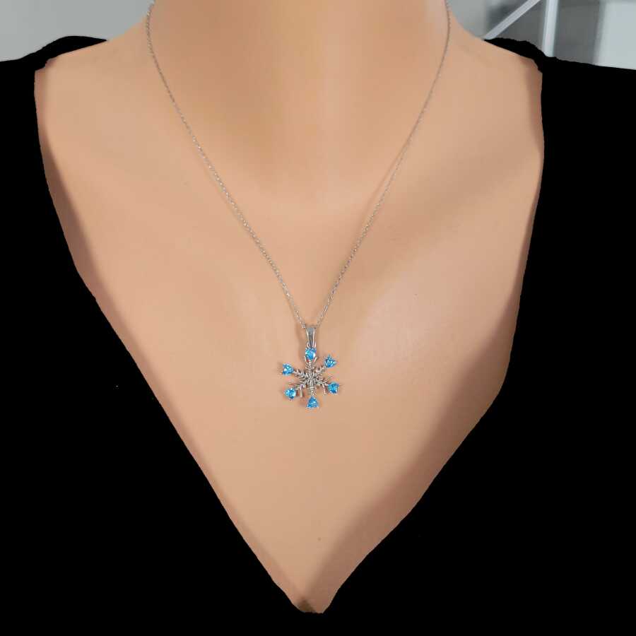 Sterling Silver Aquamarine Zircon Snowflake Heart Necklace
