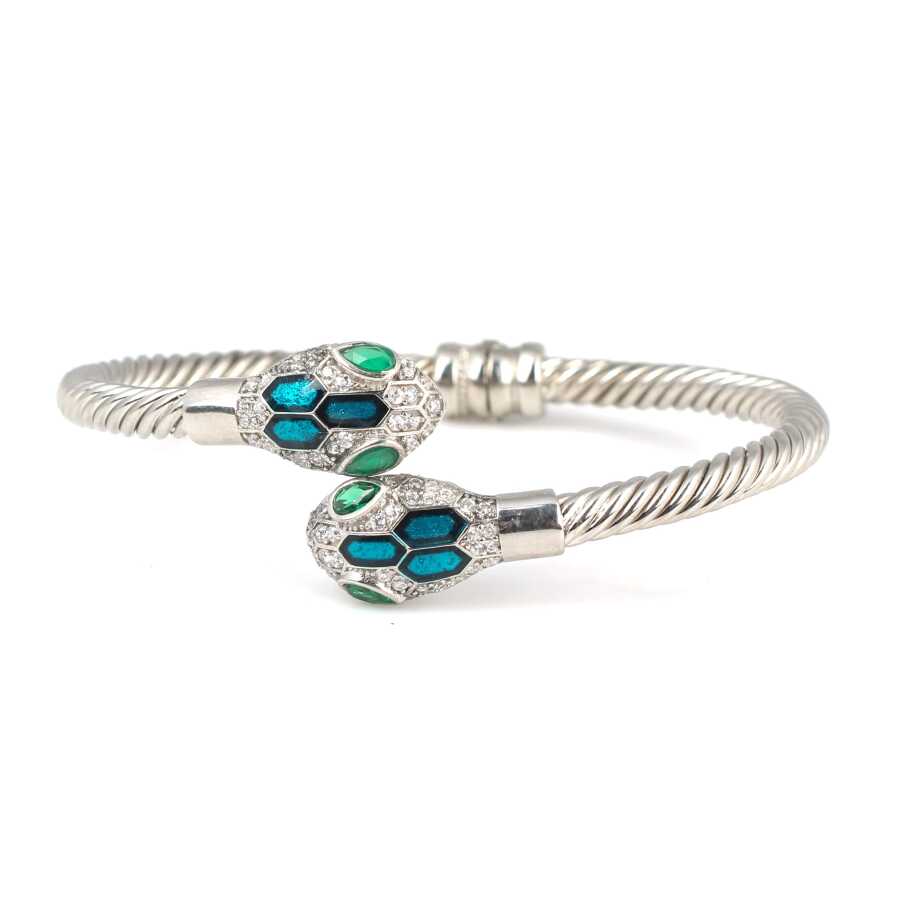 Premium Sterling Silver Green Stone Snake Head Twist Men's Bracelet