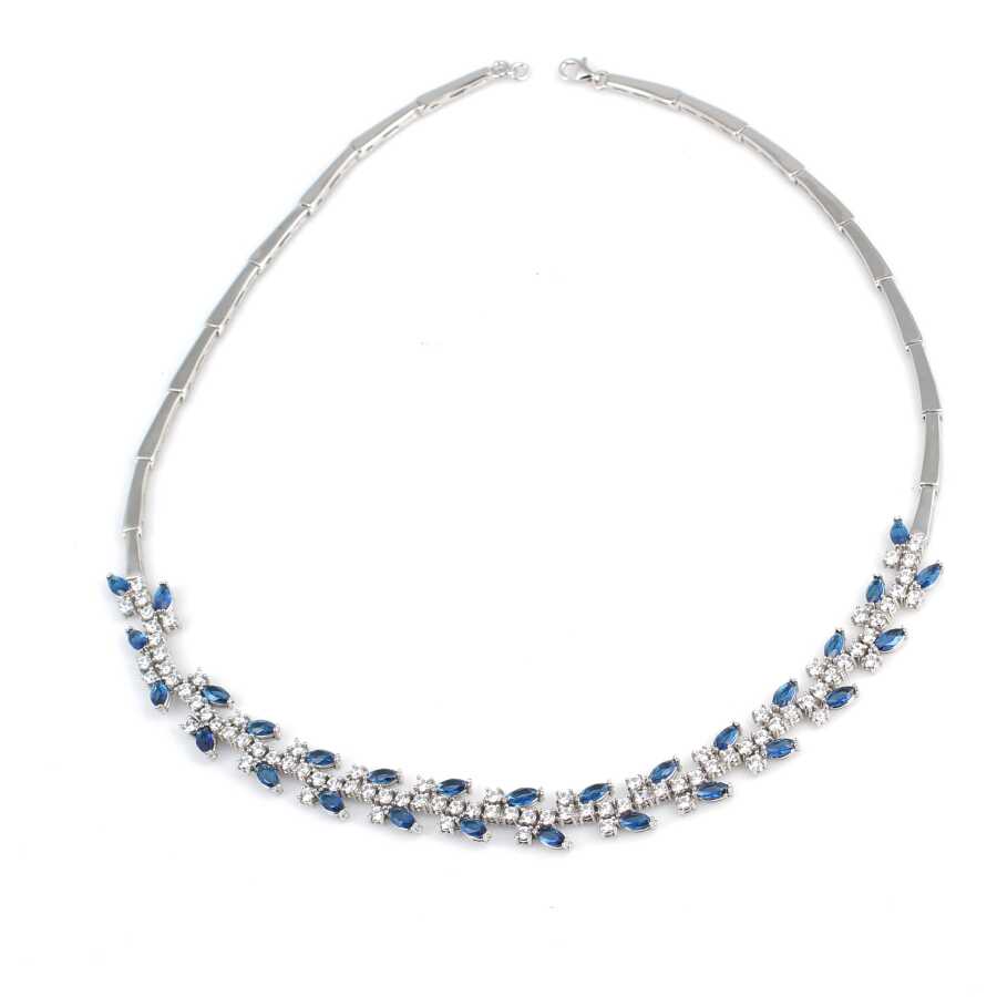 Sterling Silver Zircon Waterfall Necklace - Leaf Motif Design