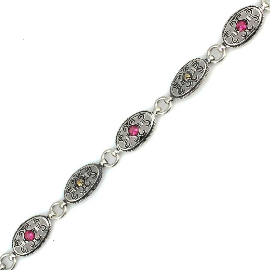 Sterling Silver & Bronze Antique Bracelet - Red Zircon Oval Design