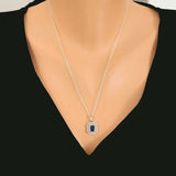 925 Sterling Silver Rectangular Double Halo Sapphire Zircon Necklace