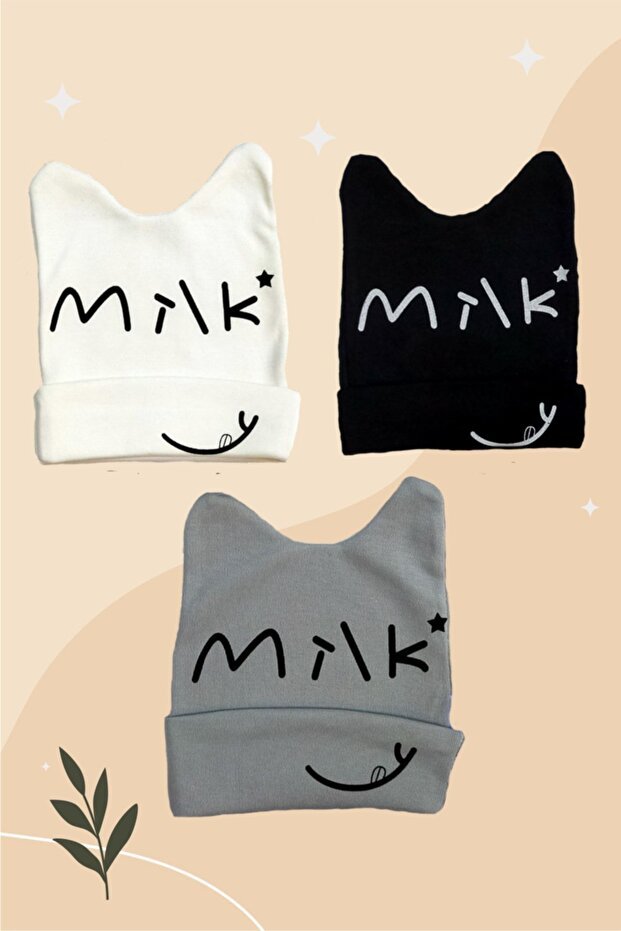 3 - Pack 100% cotton Baby Beanie Set - "Milk" Design - TryAladdin