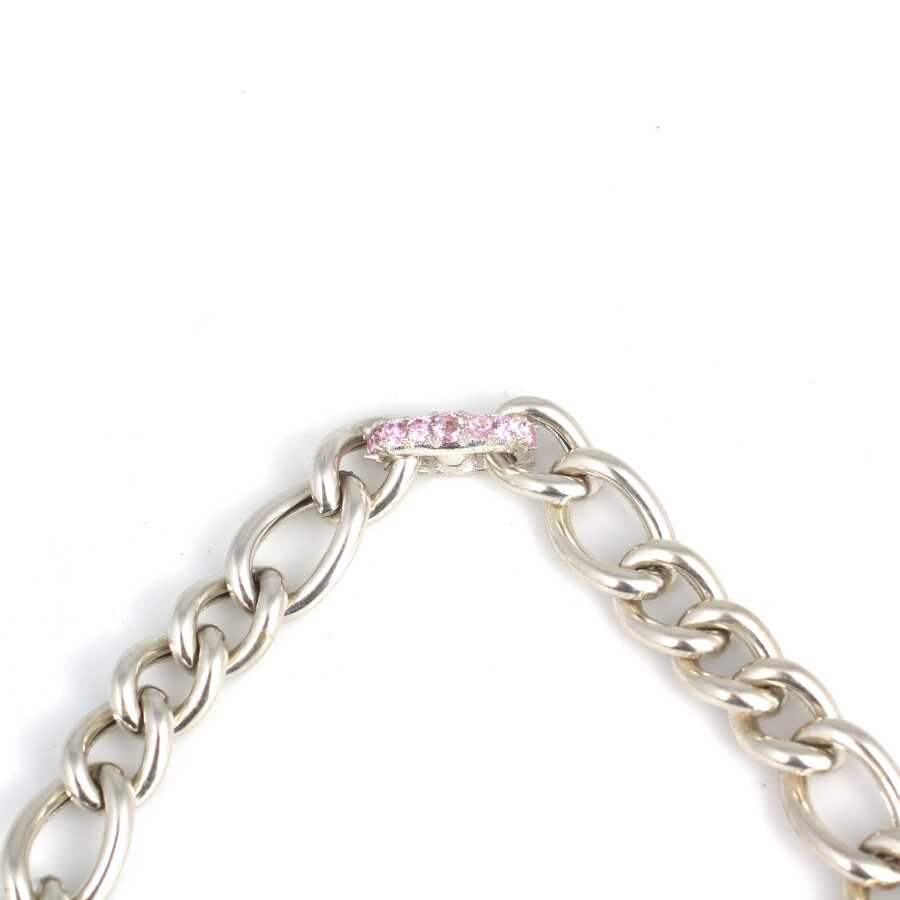 Sterling Silver Hollow Figaro Necklace - Pink Zircon Clasp
