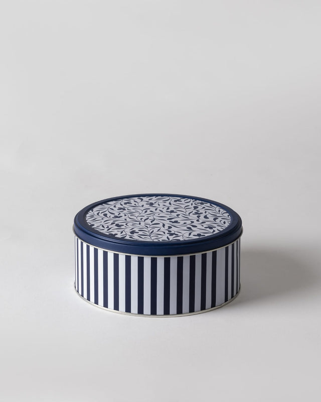 Metal Round Storage Box - Blue & White Decorative Design