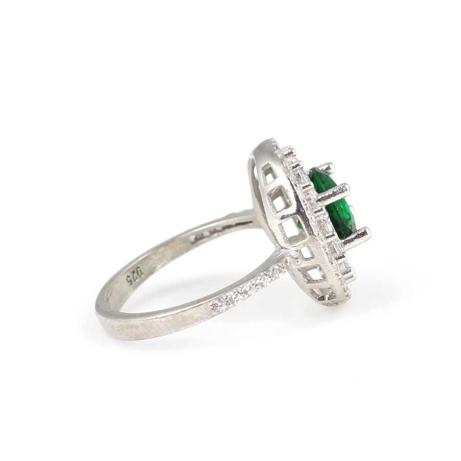 925 Sterling Silver Emerald Zircon Ring - Double Halo Design