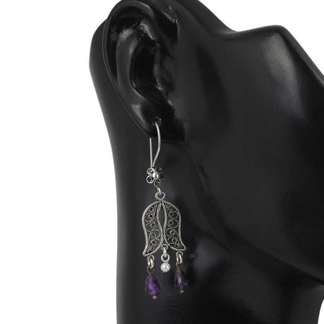 Premium 925 Sterling Silver Pearl Amethyst Filigree Earring