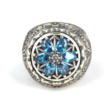 925 Sterling Silver Hand-Engraved Men's Ring with Teardrop Aquamarine Zircon
