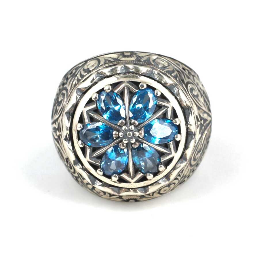 925 Sterling Silver Hand-Engraved Men's Ring with Teardrop Aquamarine Zircon