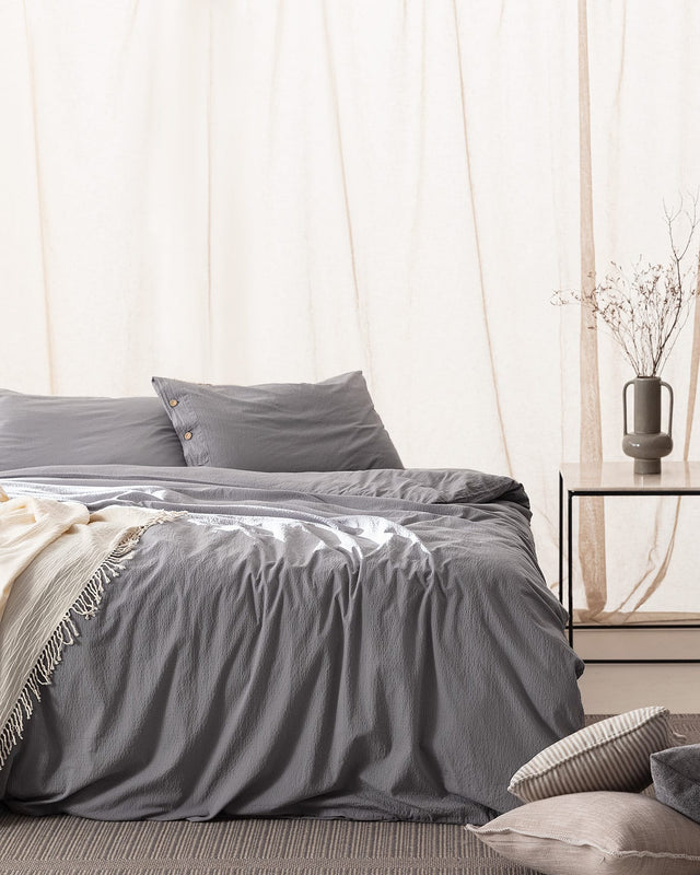 100% Cotton Double Duvet Cover Set - Washed Waffle Texture