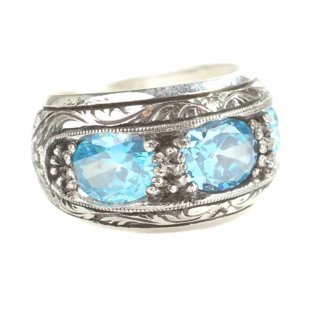 Sterling Silver Hand-Engraved Men's Ring with Three Aquamarine Stones
