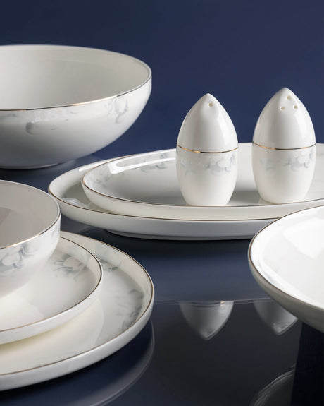 Fine Bone Porcelain 12-Person Dinner Set - White & Light Blue