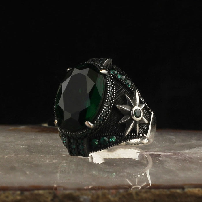 Tesbihevim | Men's Silver Ring with Green Zircon Stone