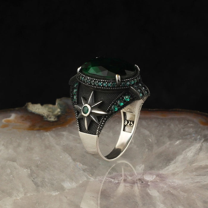 Tesbihevim | Men's Silver Ring with Green Zircon Stone