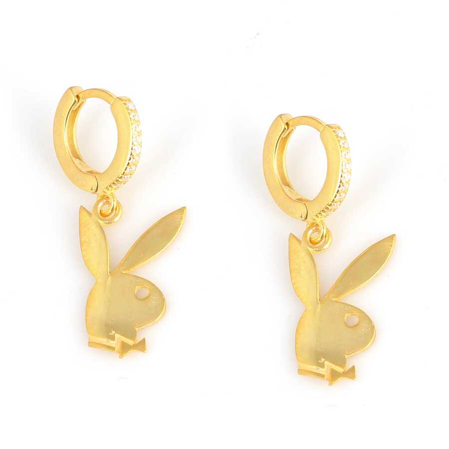 925 Sterling Silver Zircon Rabbit Dangle Hoop Earrings