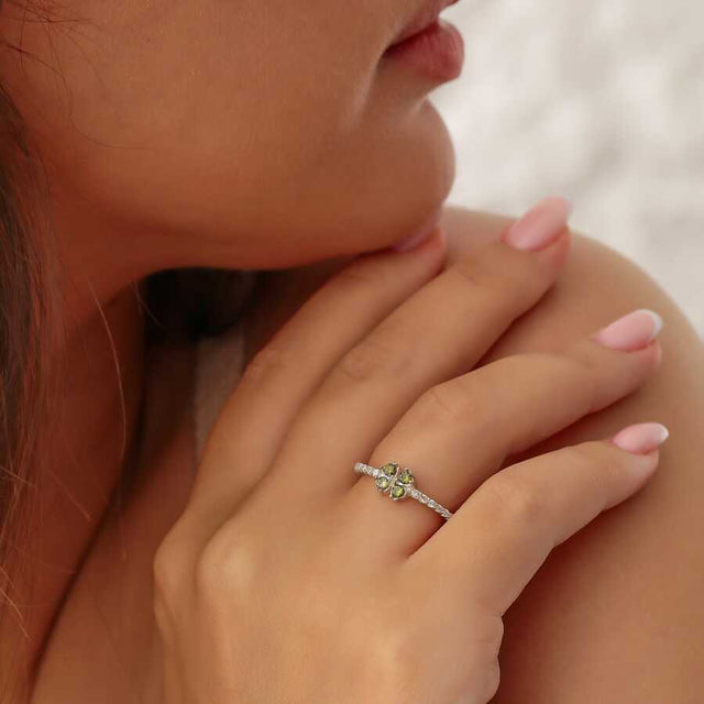 925 Sterling Silver Peridot Zircon Four-Stone Clover Ring