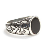 Sterling Silver Oval Onyx Men's Ring - Engraved Band