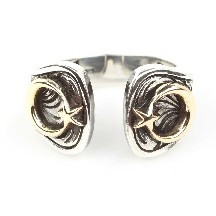 Bague pour homme en argent sterling - Croissant et étoile gravés à la main