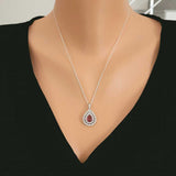 925 Sterling Silver Double Row Teardrop Halo Ruby-Colored Zircon Necklace