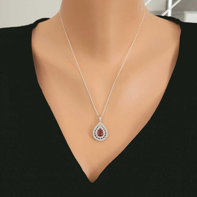 925 Sterling Silver Double Row Teardrop Halo Ruby-Colored Zircon Necklace