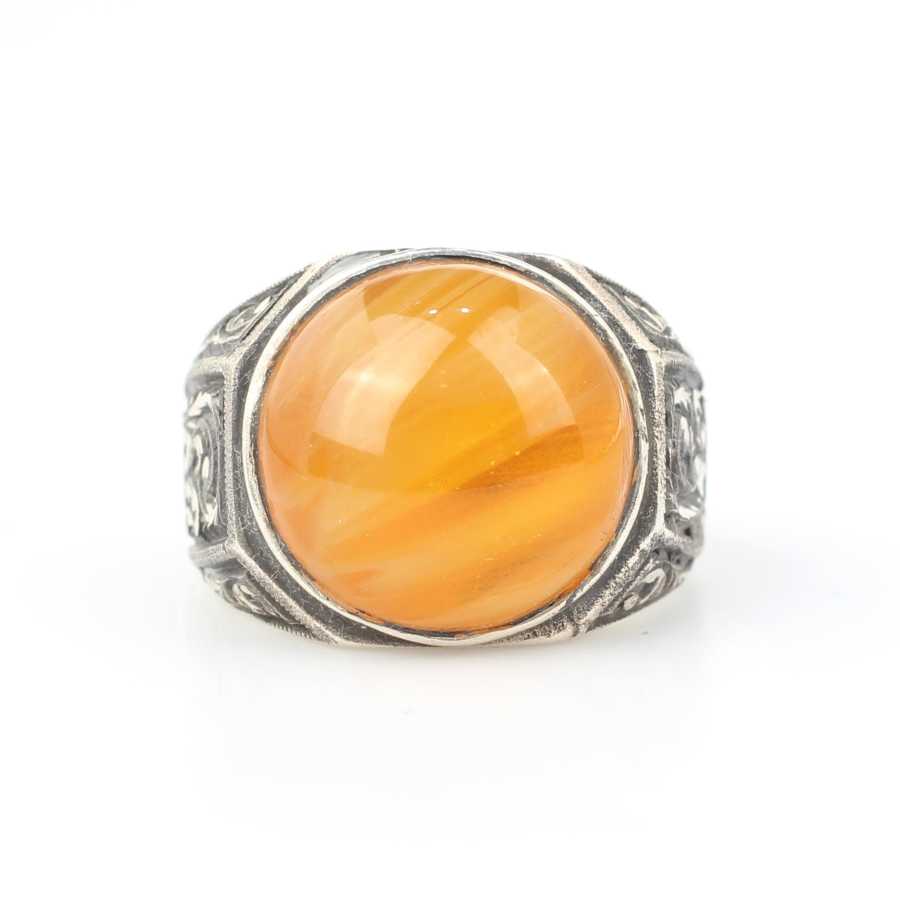 Sterling Silver Hexagonal Compressed Amber Men's Ring - Hand-Engraved