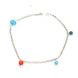 Sterling Silver Coral, Turquoise & Evil Eye Charm Anklet