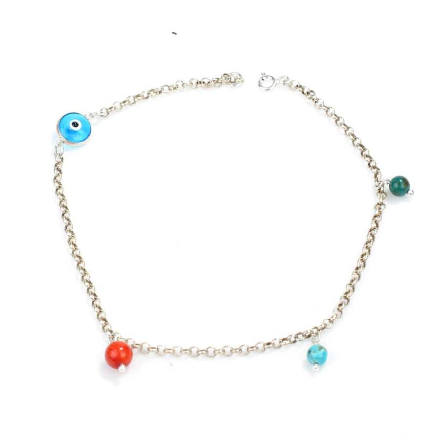 Sterling Silver Coral, Turquoise & Evil Eye Charm Anklet