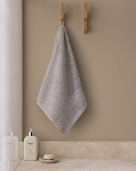 100% Cotton Plush Face Towel with Decorative Border - Light Gray