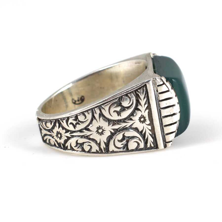 Anillo de plata de ley 925 para hombre con ágata verde rectangular