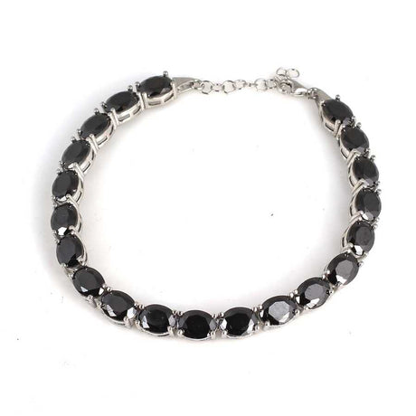 925 Sterling Silver Synthetic Onyx Line Bracelet - Elegant Oval Design