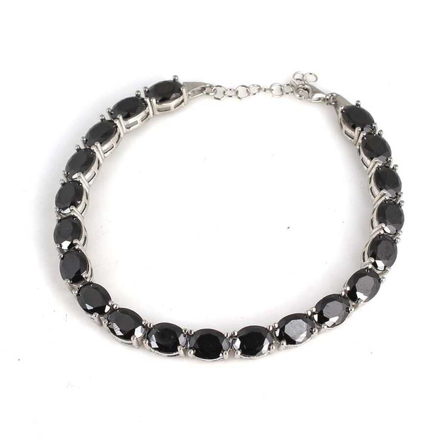 925 Sterling Silver Synthetic Onyx Line Bracelet - Elegant Oval Design