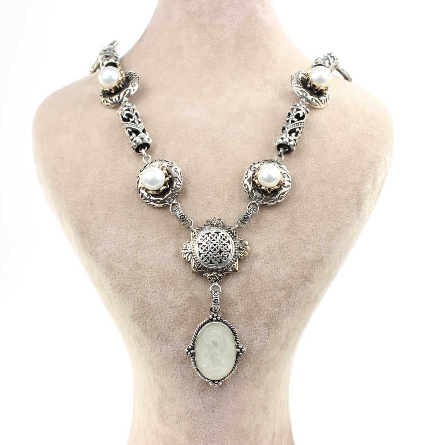 Sterling Silver Enamel Pearl Byzantine Necklace - Constantin Design