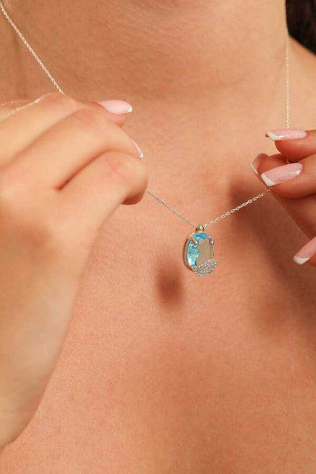 925 Sterling Silver Aquamarine & Zircon Gemstone Pendant Necklace
