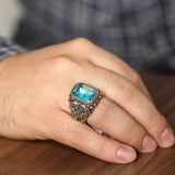 925 Sterling Silver Hand-Engraved Aquamarine Men's Ring