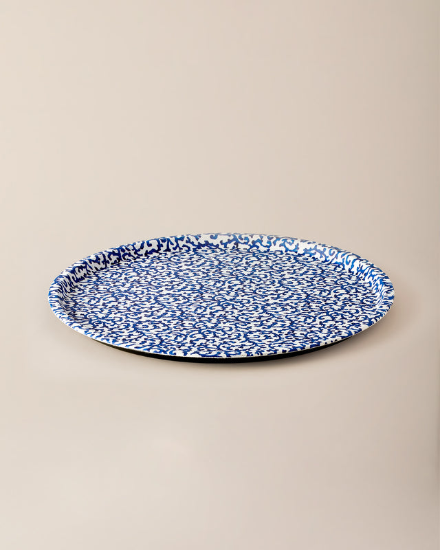Durable Plastic Round Serving Tray - Contemporary Blue & White Design