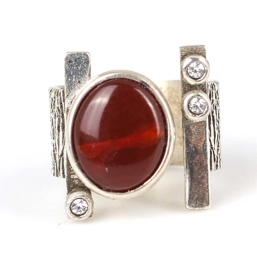925 Sterling Silver Tree Bark Pattern Open Ring with Agate & Zircon
