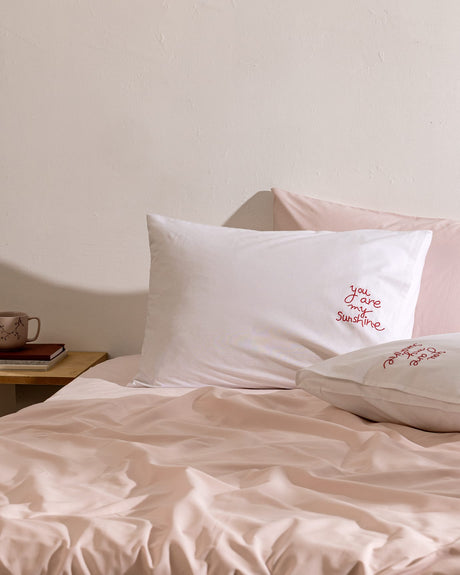 Amour Embroidered 100% Cotton Pillowcase Set of 2 - White & Red