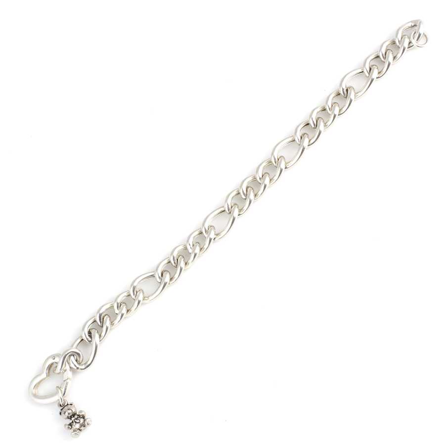 925 Sterling Silver Figaro Bracelet - Heart Lock & Bear Charm
