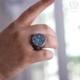 Sterling Silver Handcrafted Men's Ring with Aquamarine and Engraved Column Motif