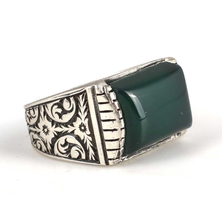 Anillo de plata de ley 925 para hombre con ágata verde rectangular