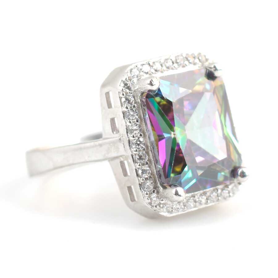 Sterling Silver Mystic Topaz & Zircon Rectangular Entourage Ring