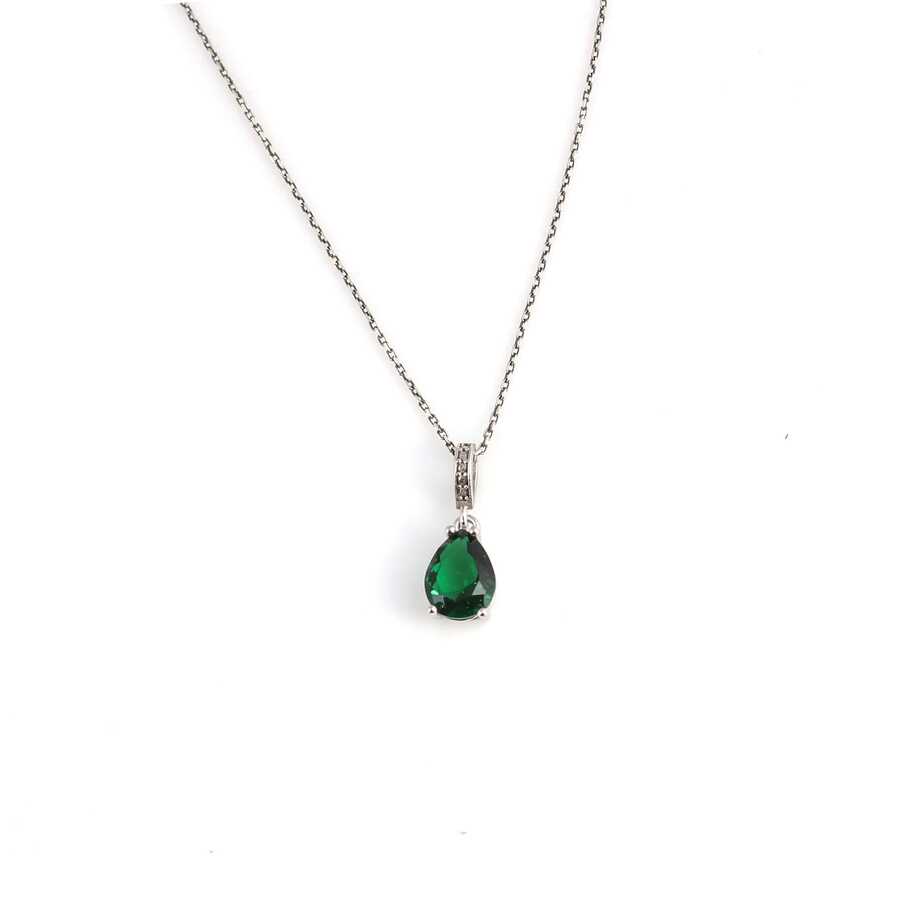 Elegant 925 Sterling Silver Teardrop Synthetic Emerald Necklace