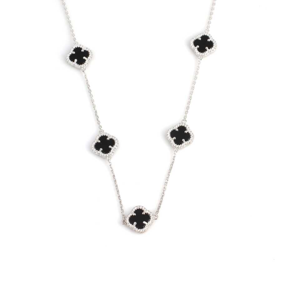 Premium 925 Sterling Silver Zircon Clover Onyx Necklace