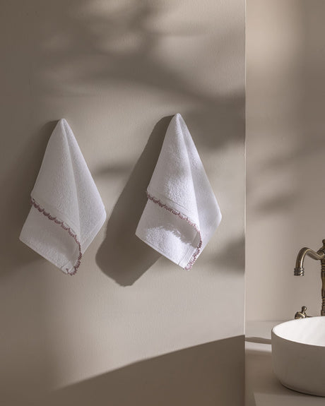Crochet Trim 100% Cotton Hand Towel Set - 2 Pack, White & Lilac