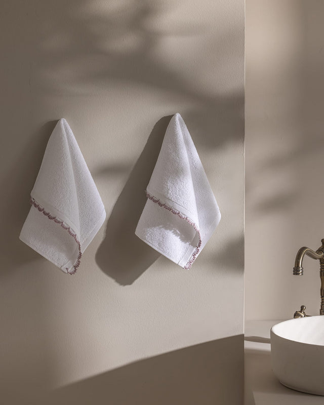 Crochet Trim 100% Cotton Hand Towel Set - 2 Pack, White & Lilac