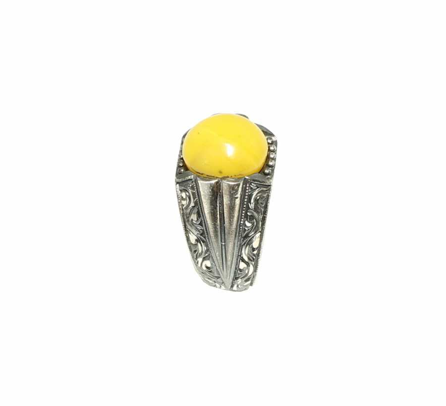 Sterling Silver Men's Ring with Round Amber Stone & Hand-Engraved Band